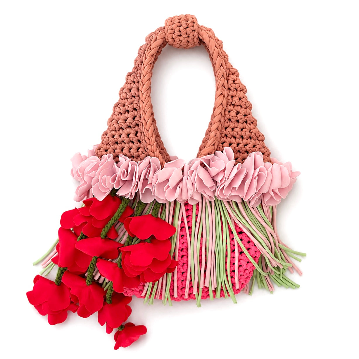 Handmade pink and tan strawberry suede crochet whimsy mini bag with floral fringe and braided tulip red cascading petal bells.