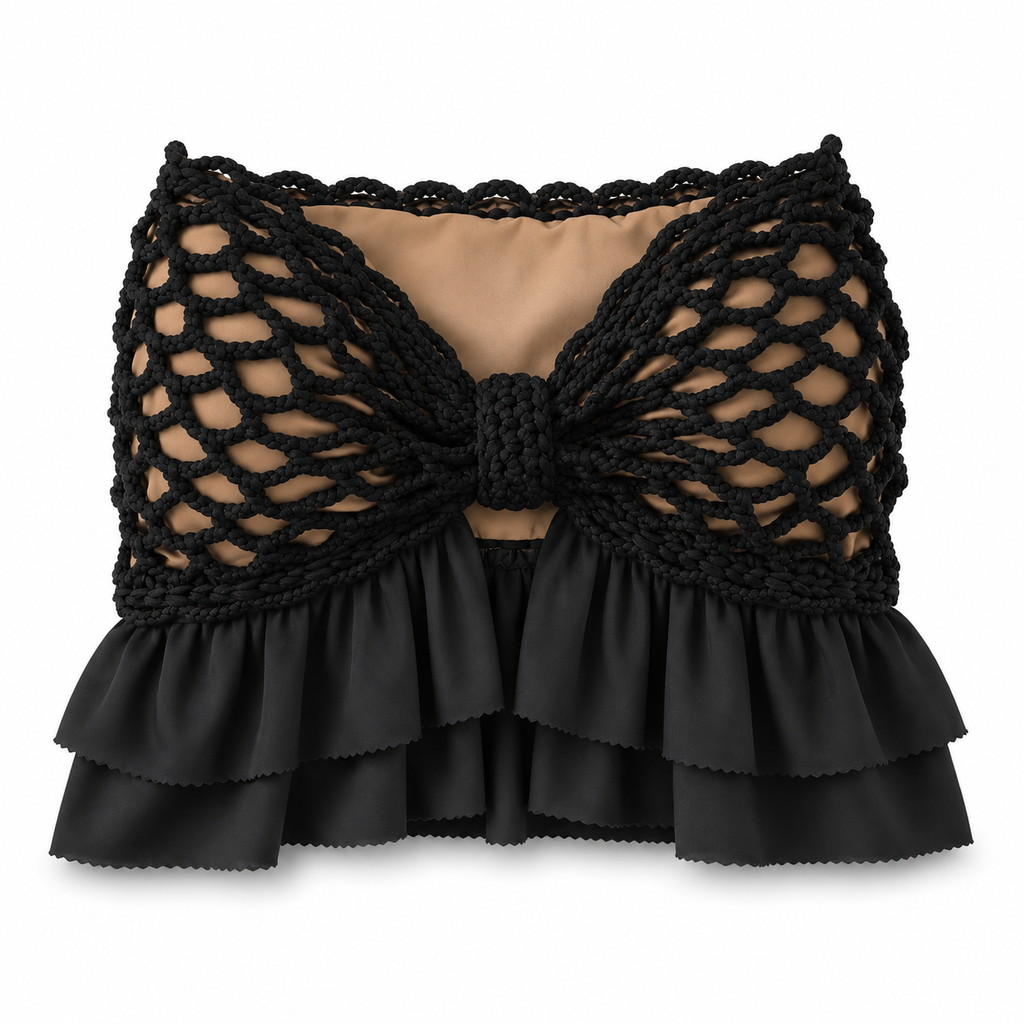 Handmade crochet bow onyx black strapless ruffle tube top