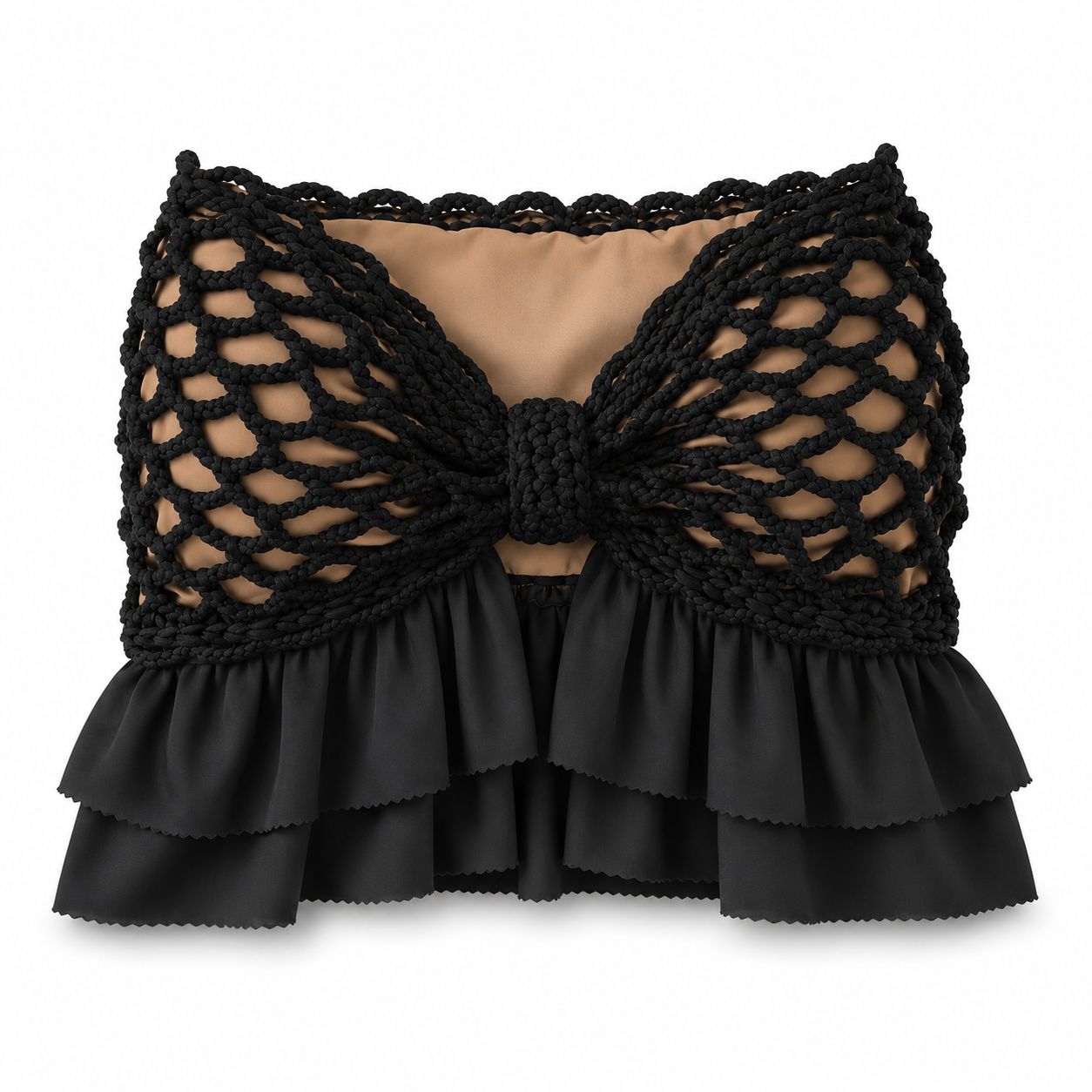 Handmade crochet bow onyx black strapless ruffle tube top