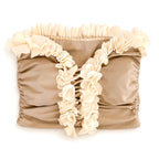 Tan and cream flower lei tube top with floral trim and hand-crocheted lace-up center detail.