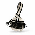 Crochet Onyx black and Gardenia white fringe mini swing bag, handmade with stretch nylon/spandex. 