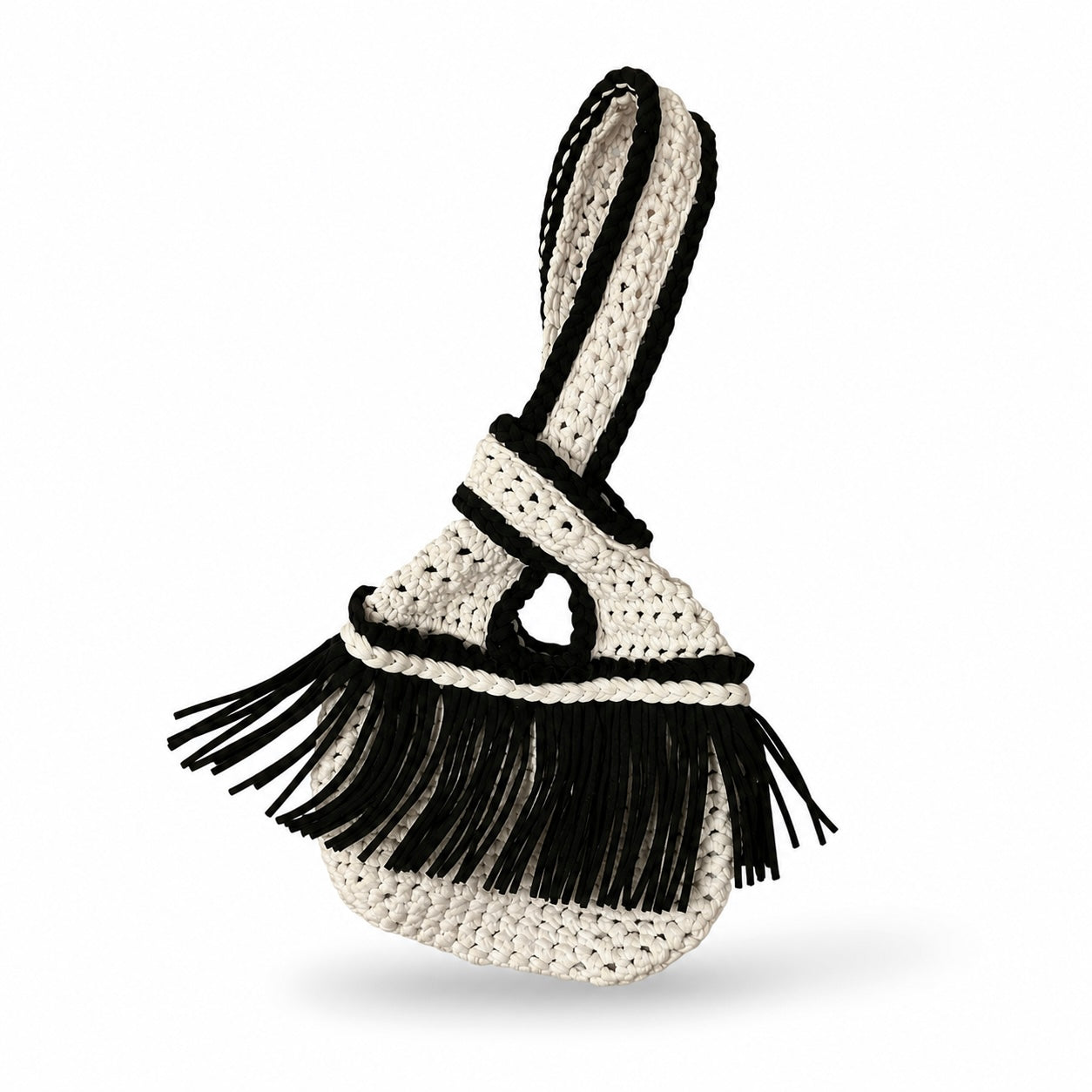 Crochet Onyx black and Gardenia white fringe mini swing bag, handmade with stretch nylon/spandex. 