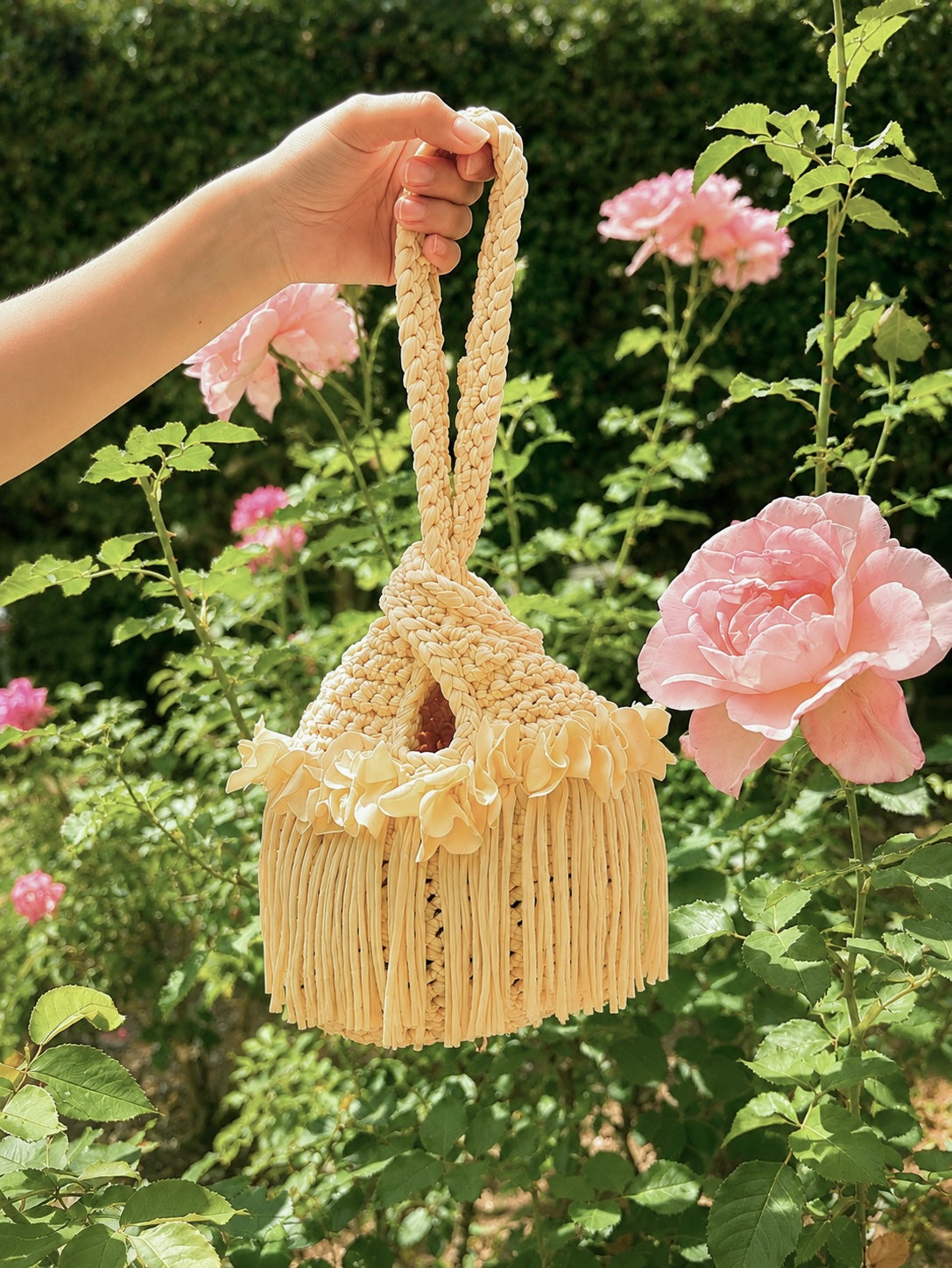 Handmade daffodil yellow crochet flower fringe mini swing bag