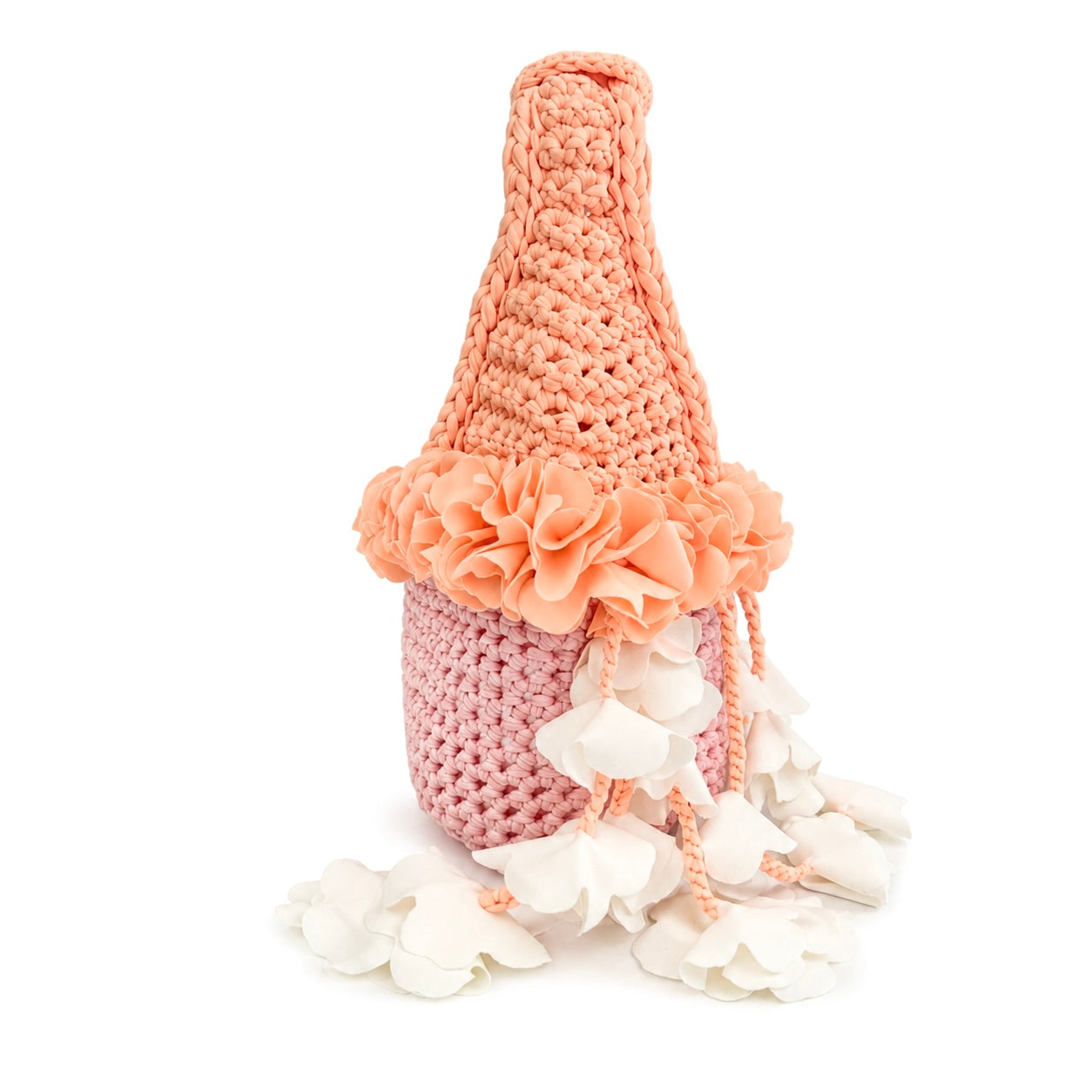 Handmade petal pink and poppy orange crochet floral mini bag with magnolia cream cascading petal bells. 
