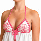 Handmade pink and white tropical shell crochet triangle halter top