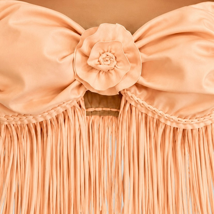 Reversible handmade poppy orange fringe rose bandeau top
