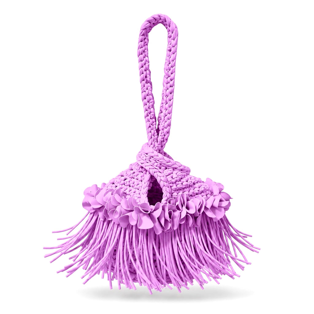 Crochet Orchid pink purple flower fringe mini swing bag, handmade with stretch nylon/spandex. 