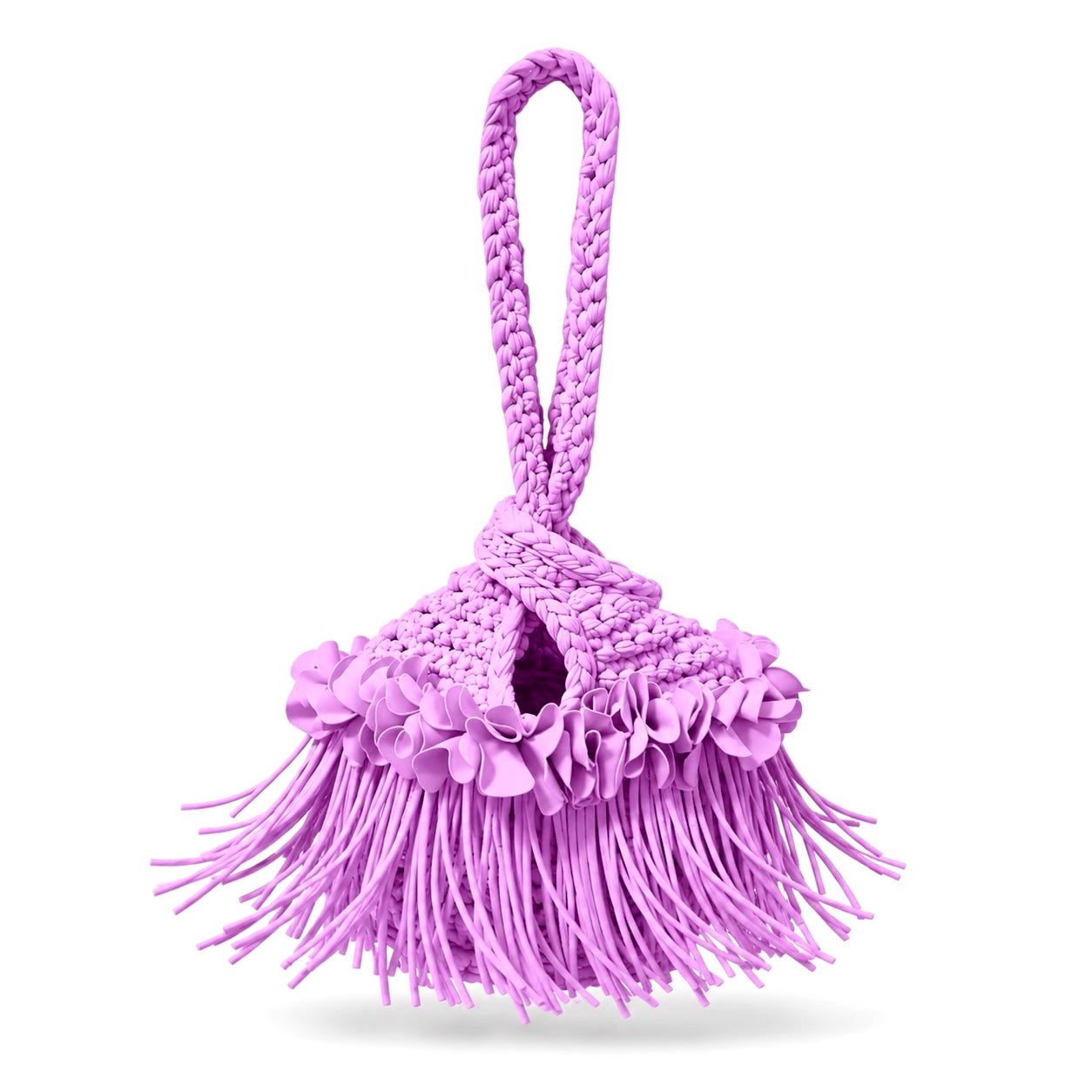 Crochet Orchid pink purple flower fringe mini swing bag, handmade with stretch nylon/spandex. 