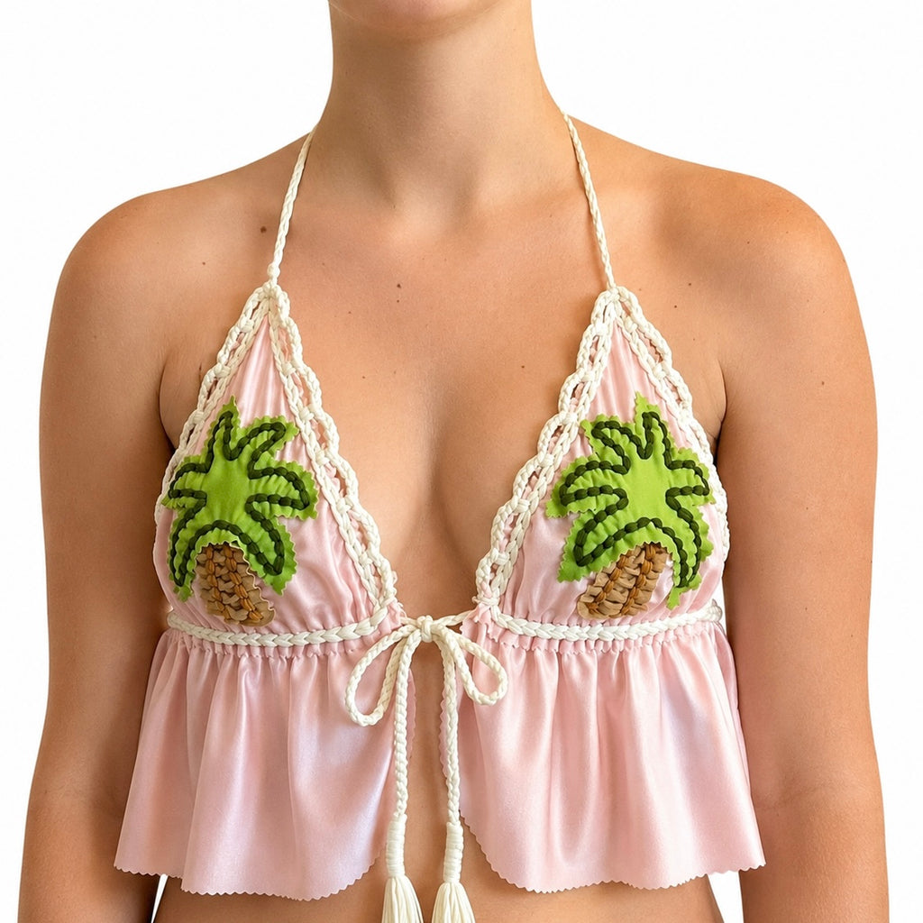 Handmade pink tropical palm tree crochet triangle halter top