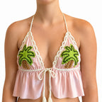 Handmade pink tropical palm tree crochet triangle halter top