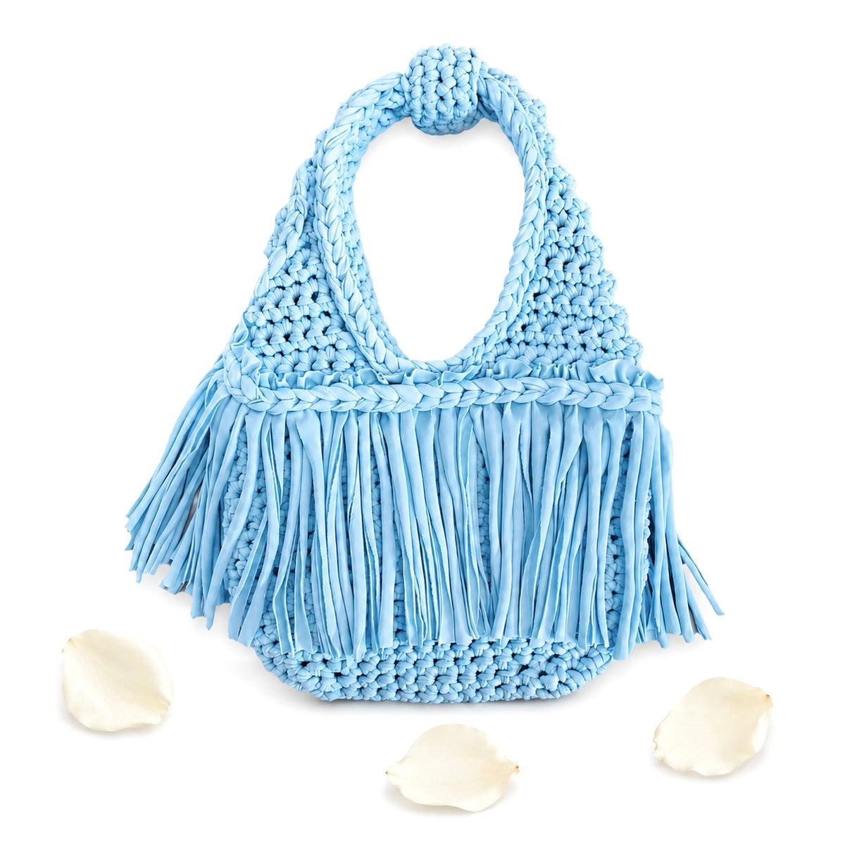 Handmade Hydrangea light blue crochet fringe mini bag with flowing fringe and a braided handle.