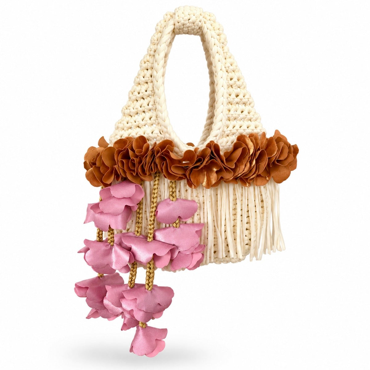 Handmade magnolia cream crochet whimsy mini bag with cascading fringe, metallic pink and copper petal bell trim and a braided handle. 