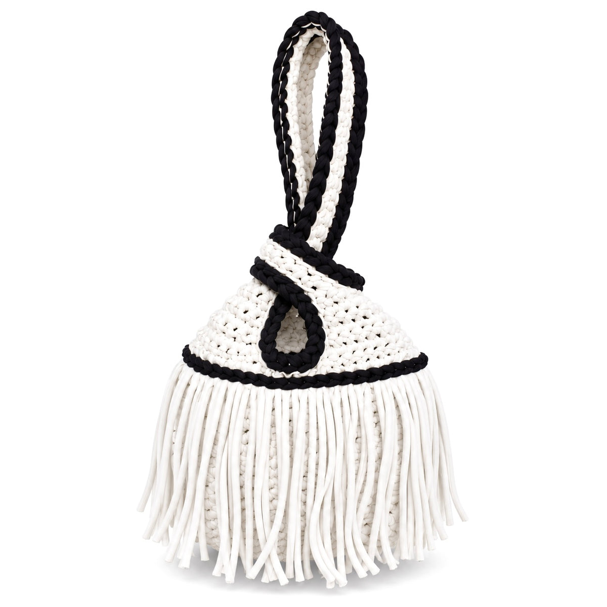 Handmade crochet mini swing bag in Gardenia white with flowing fringe, Onyx black trim and a loop-through wristlet handle.