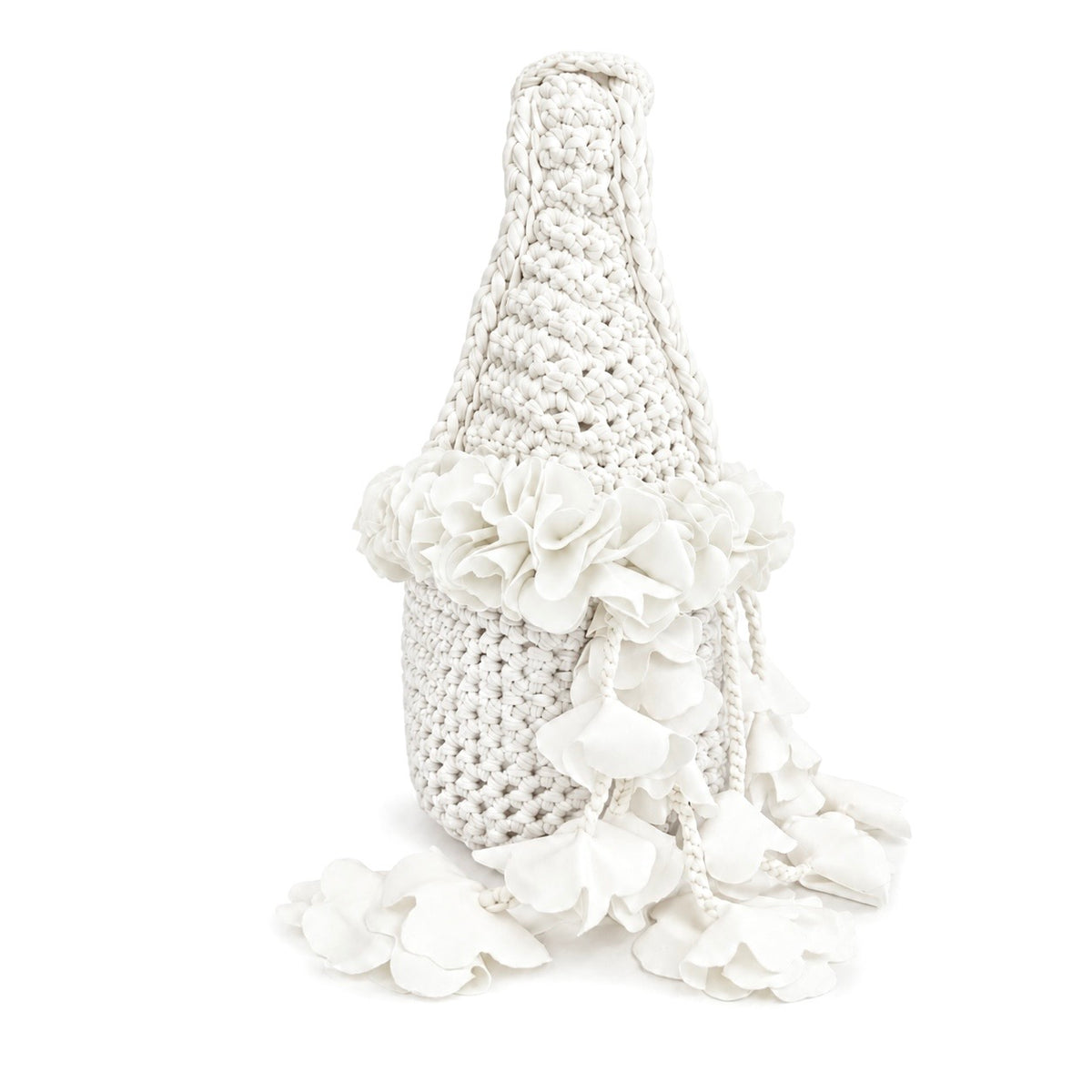 Handmade crochet petal bell mini bag in gardenia white, with braided handle and cascading petal trim. 