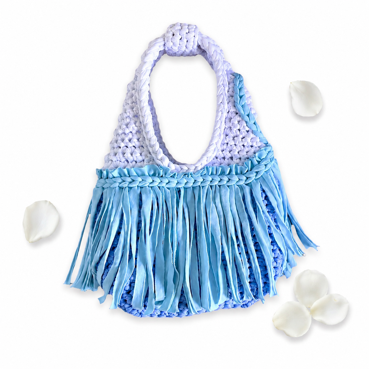 Handmade Poolside blue crochet fringe mini clutch bag