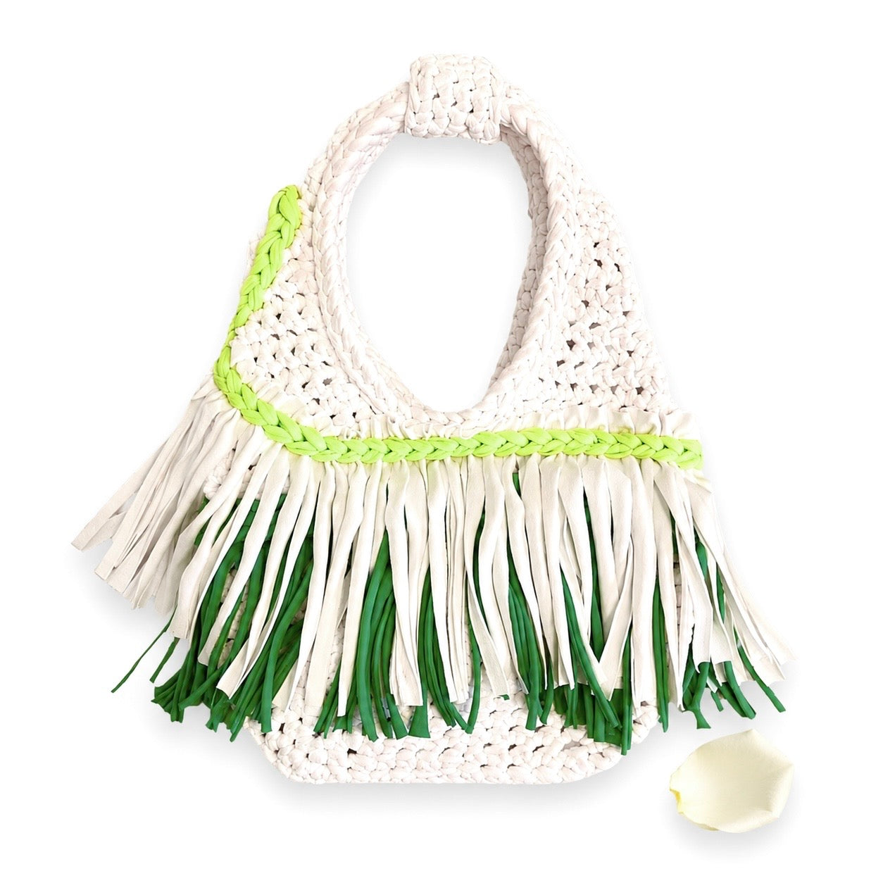 Handmade courtside green crochet fringe mini bag purse. 