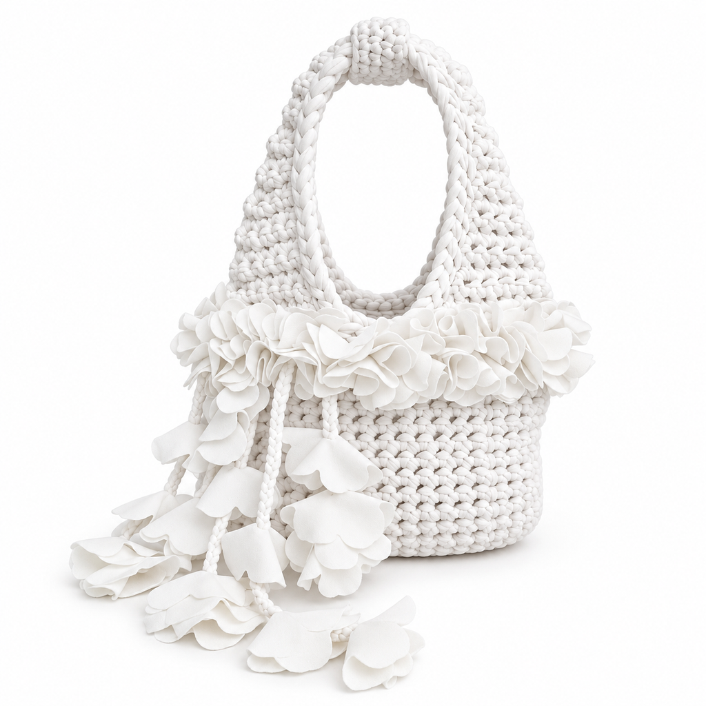 Handmade crochet petal bell mini bag in gardenia white, with braided handle and cascading petal trim. 