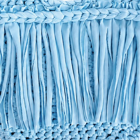 Handmade hydrangea blue crochet fringe mini bag purse. 