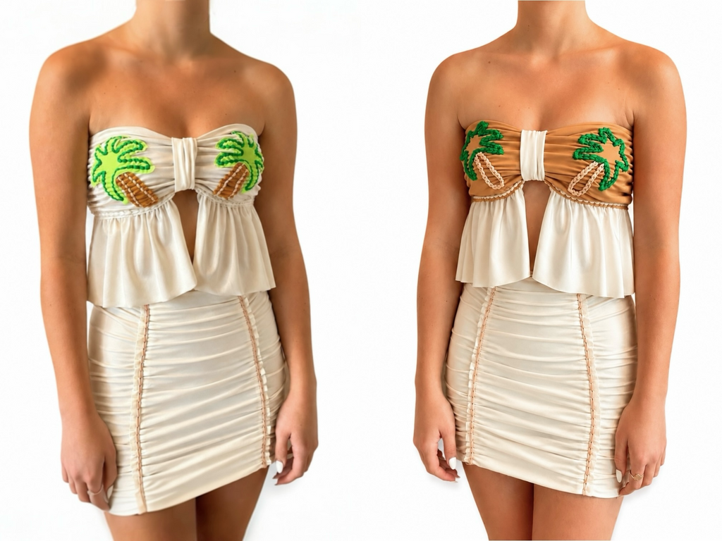 Handmade white tropical palm tree crochet tube top and mini skirt matching set