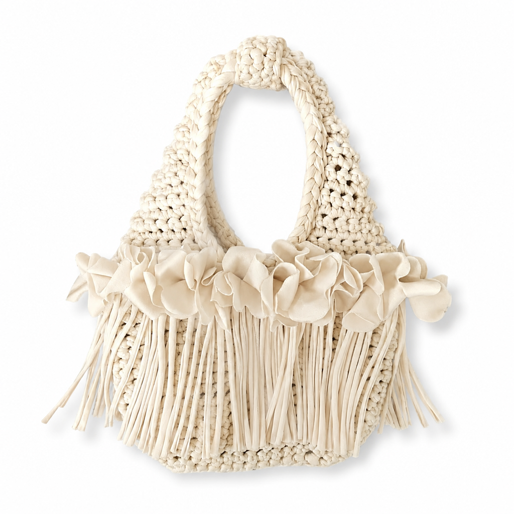 Crochet Magnolia cream flower fringe mini bag, handmade with stretch nylon/spandex. 