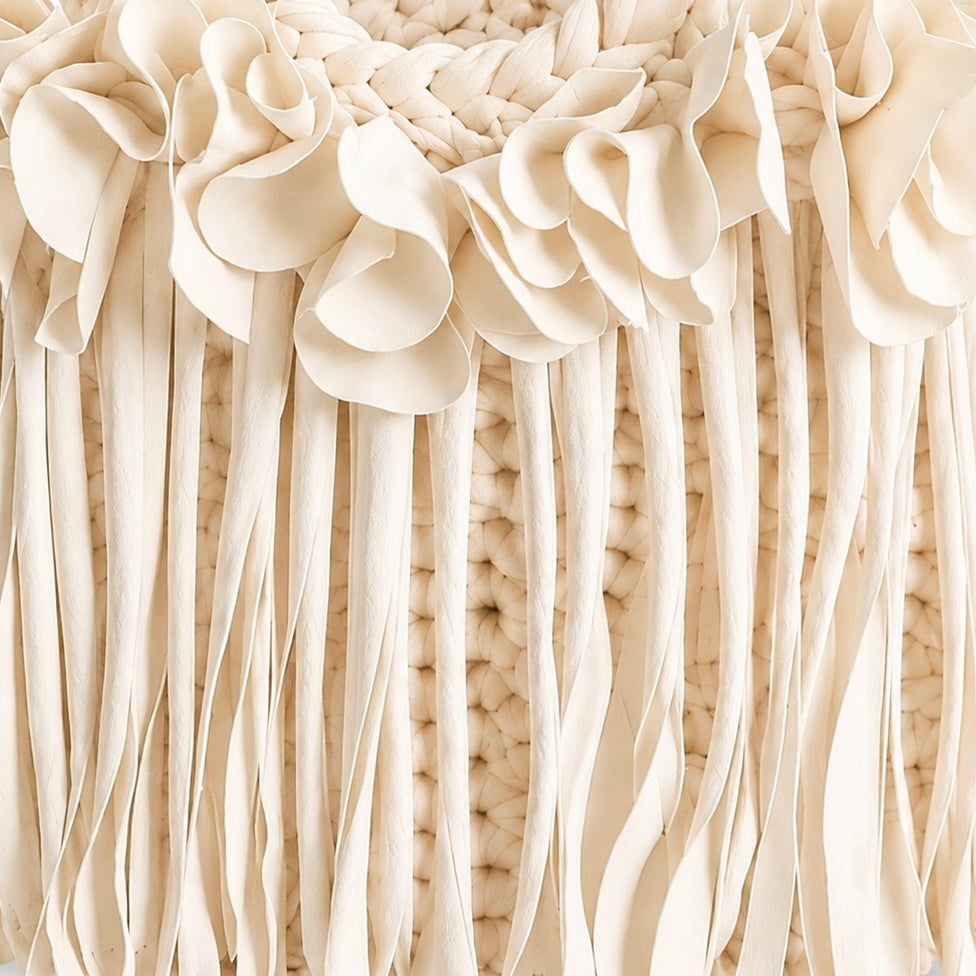 Crochet Magnolia cream flower fringe mini bag, handmade with stretch nylon/spandex. 