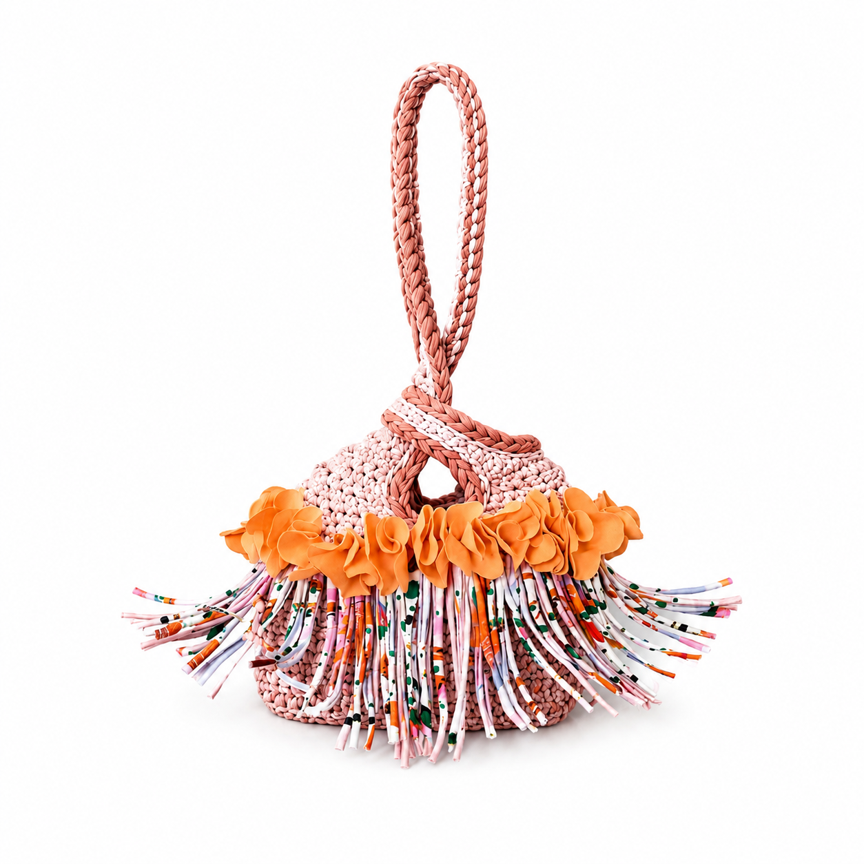 Handmade desert bloom tan crochet flower fringe mini swing bag