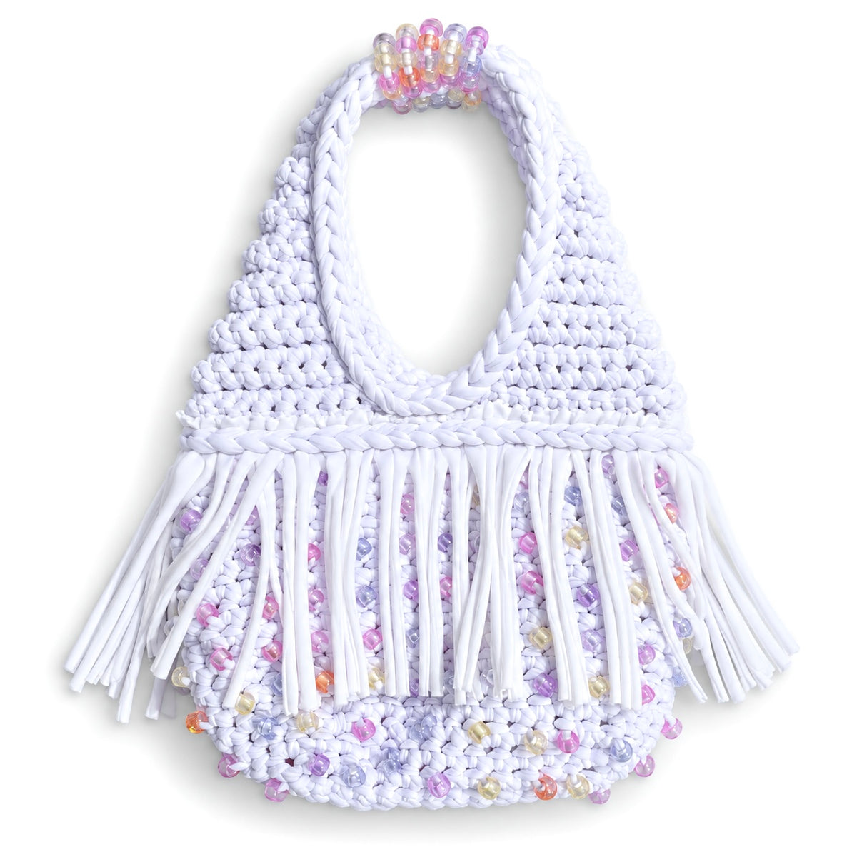 Gardenia white handmade crochet fringe mini bag with UV-reactive beads transforms into pink, purple, peach and pearly tones in sunlight.