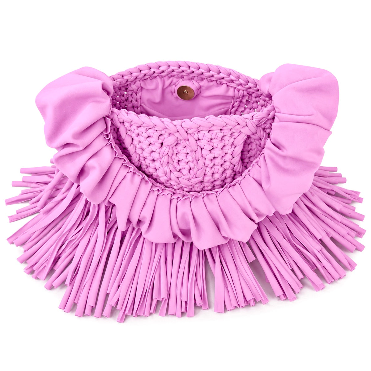 Orchid purple handmade crochet Cha Cha Mini bag featuring a crescent-shaped body, braided loop detailing, ruched scrunchie handle and flowing fringe. 