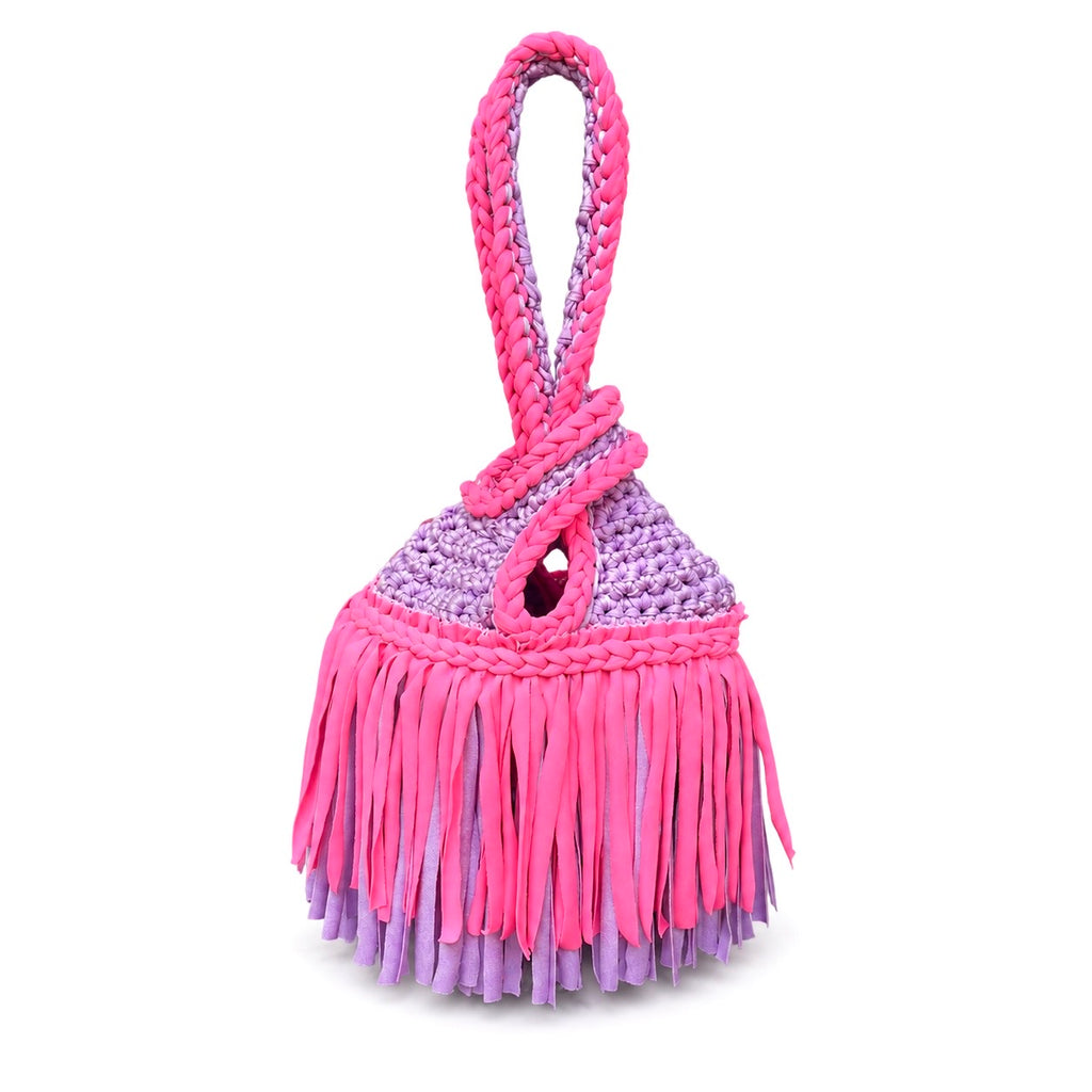 Handmade crochet mini swing bag in Hibiscus pink and Lilac purple with two-tone fringe and a loop-through wristlet handle.