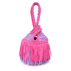Handmade crochet mini swing bag in Hibiscus pink and Lilac purple with two-tone fringe and a loop-through wristlet handle.