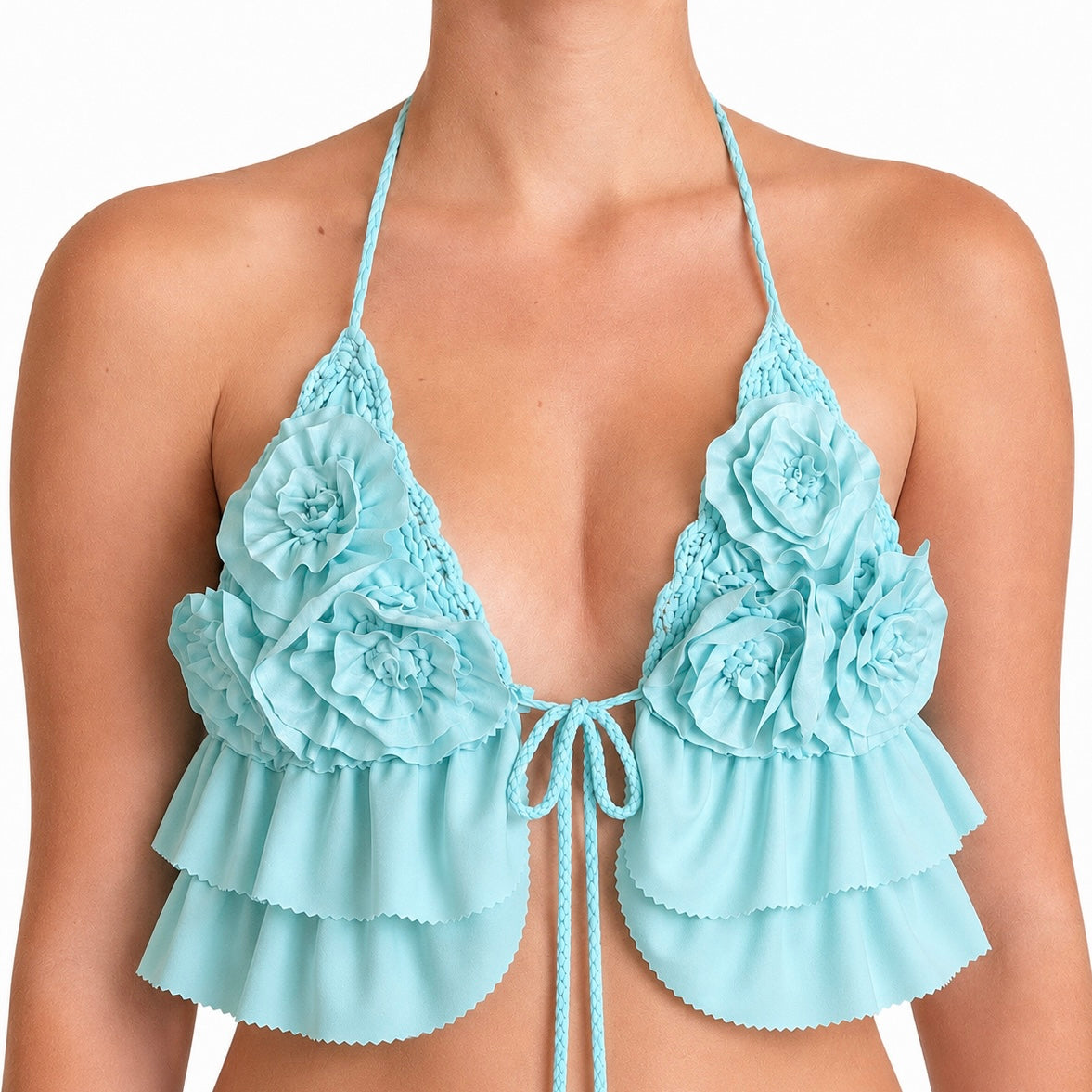 Hydrangea light blue floral rosette triangle tie halter top with hand-crocheted details and layered ruffles. 