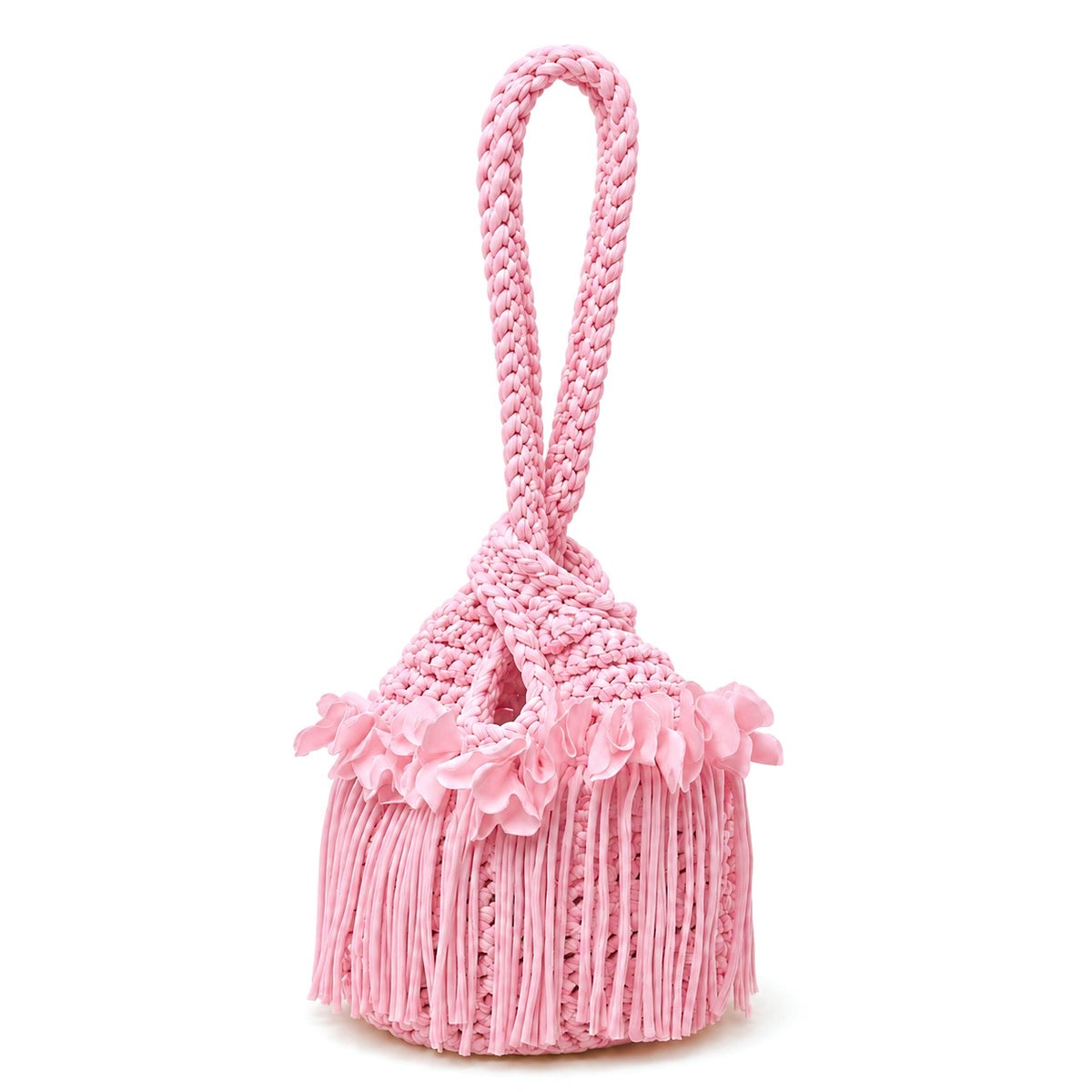 Handmade crochet mini swing bag in Petal pink with flower fringe and a loop-through wristlet handle. 