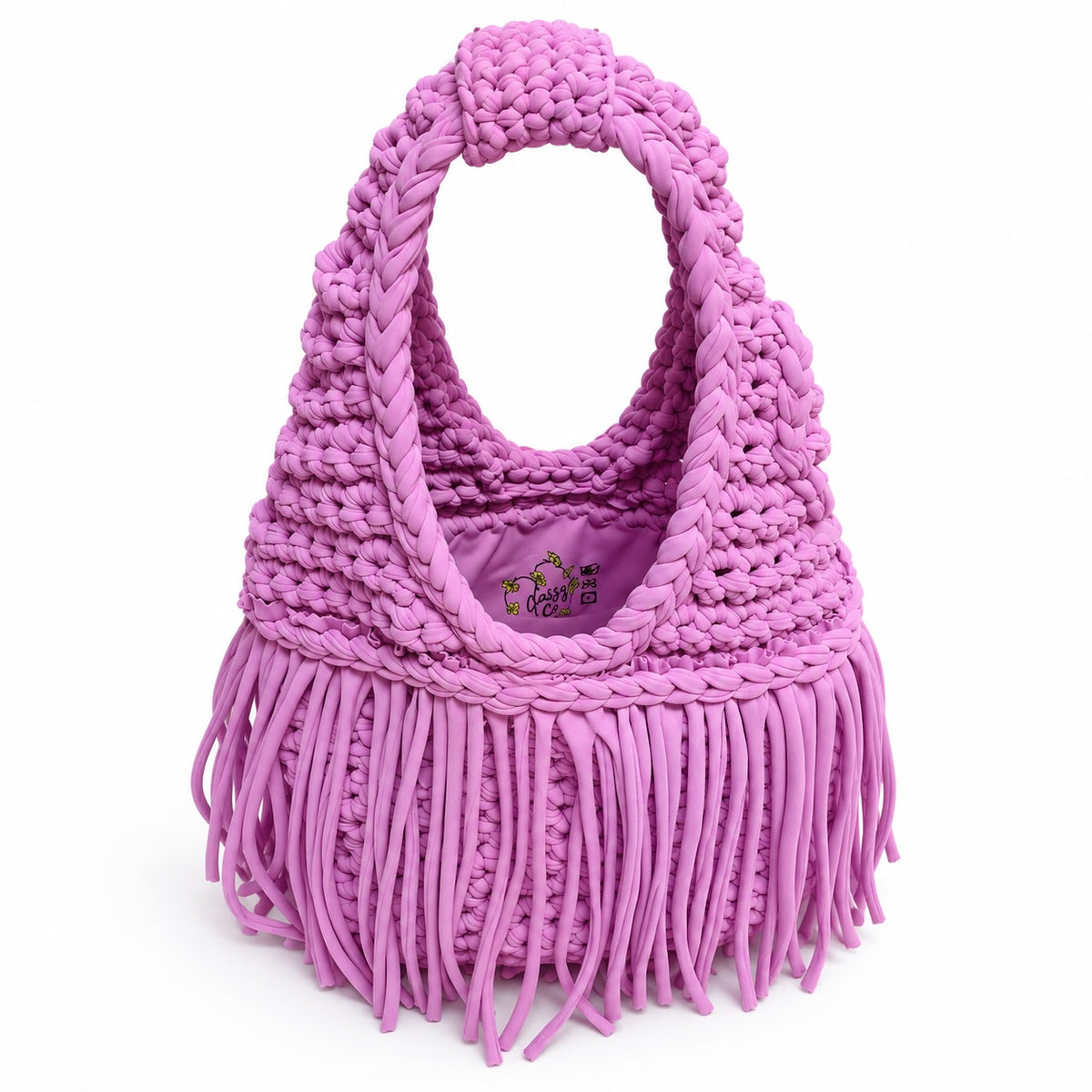 Handmade Orchid pink purple crochet fringe mini bag with flowing fringe and a braided handle.
