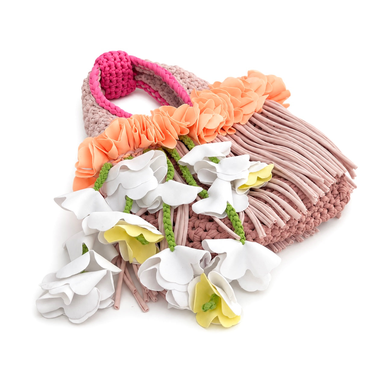 Handmade neural tan crochet whimsy mini bag with cascading orange floral fringe and braided white petal bells.