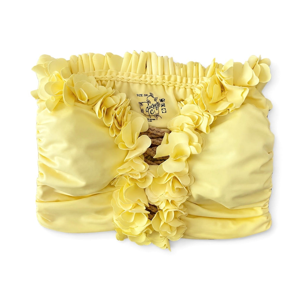 Daffodil light yellow floral tube top with flower lei trim and hand-crocheted, open lace-up center detail.