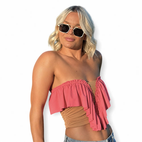 Handmade pink coral butterfly ruffle crochet tube top