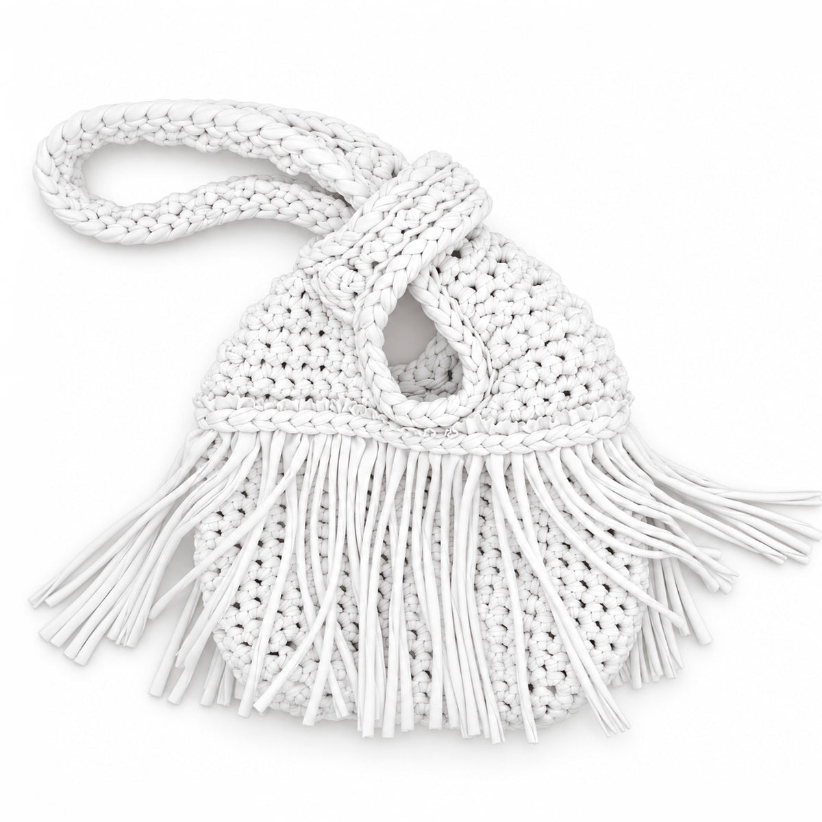 Handmade crochet mini swing bag in Gardenia white with flowing fringe and a loop-through wristlet handle.