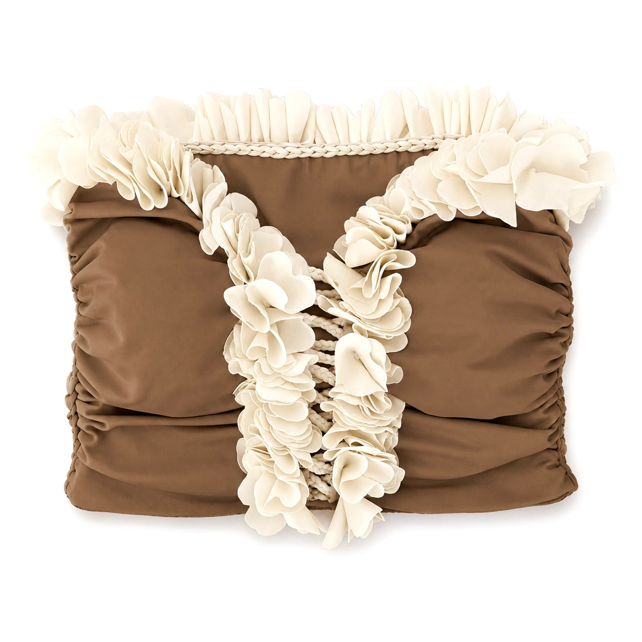 Brown and cream floral tube top with flower lei trim and hand-crocheted, open lace-up center detail.