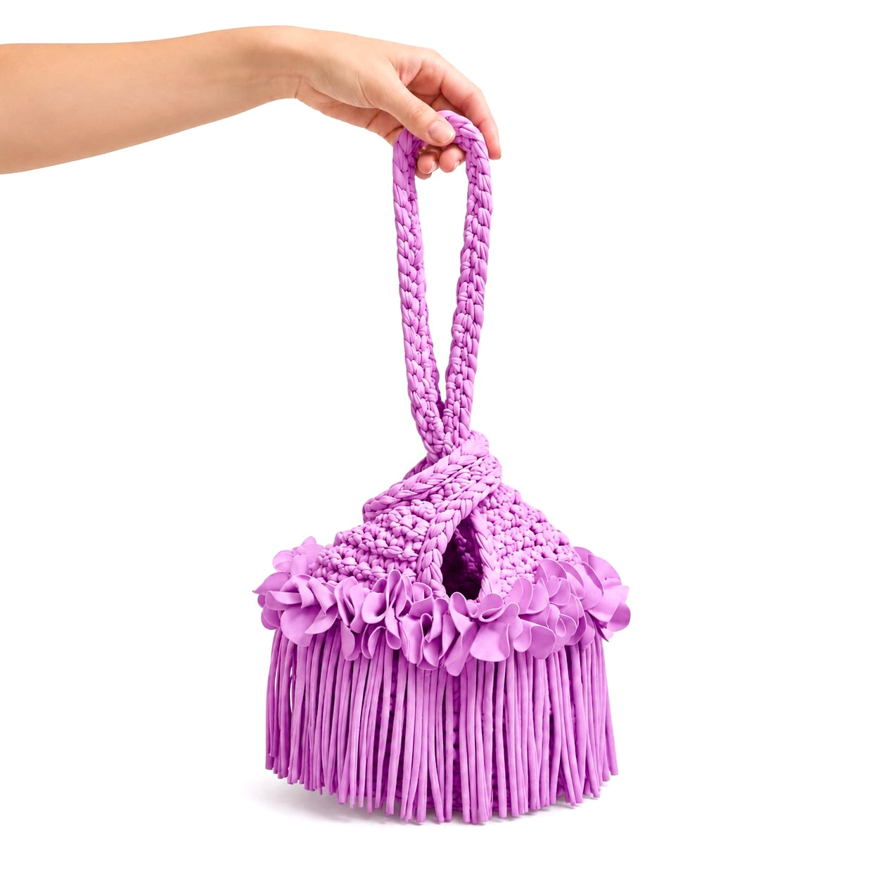 Crochet Orchid pink purple flower fringe mini swing bag, handmade with stretch nylon/spandex. 