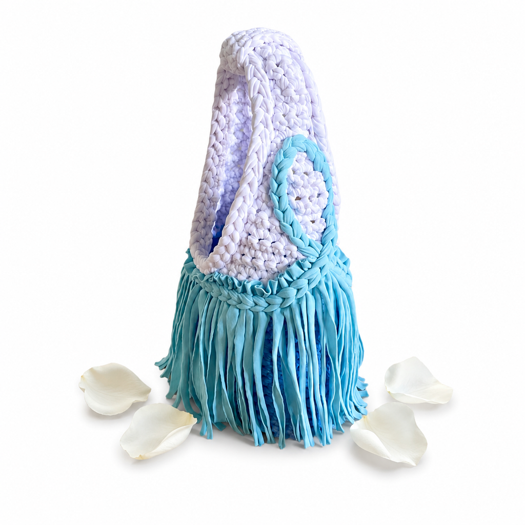 Handmade Poolside blue crochet fringe mini clutch bag