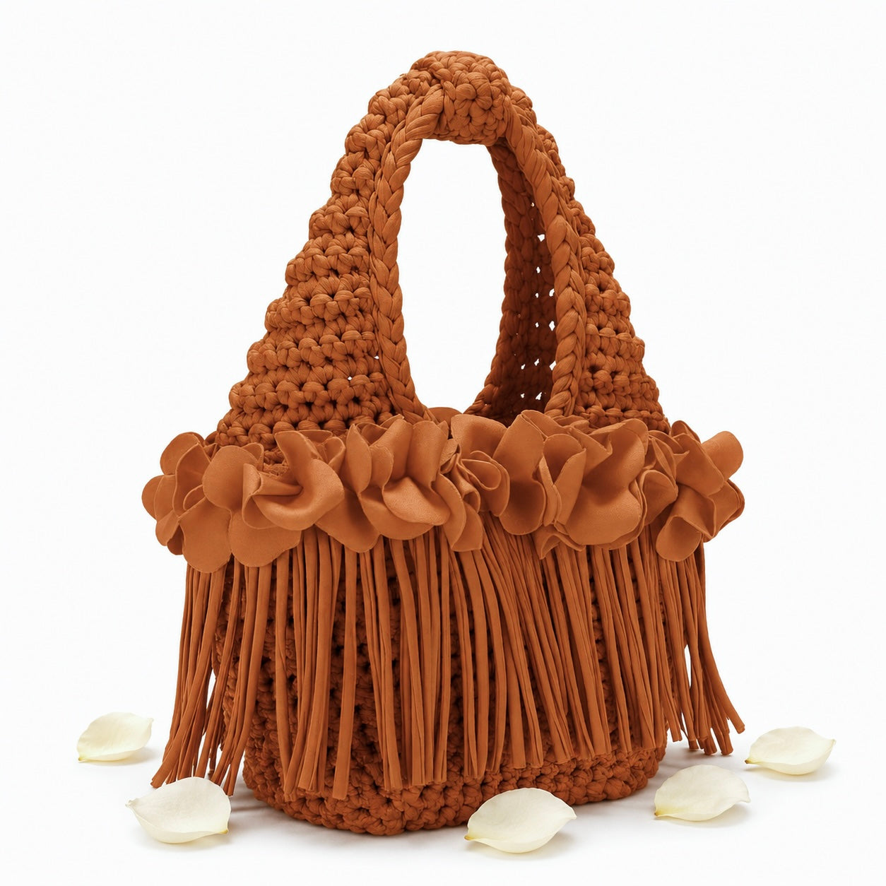 Crochet Cinnamon brown flower fringe mini bag, handmade with stretch nylon/spandex. 