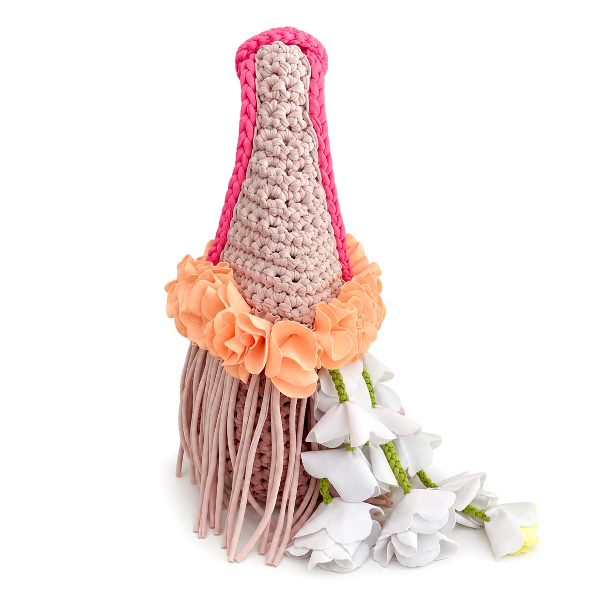 Handmade neural tan crochet whimsy mini bag with cascading orange floral fringe and braided white petal bells.