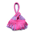 Handmade crochet mini swing bag in Hibiscus pink and Lilac purple with two-tone fringe and a loop-through wristlet handle.