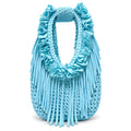 Hydrangea light blue hand-crocheted Flower Lei Mini bag with cascading floral ruffles and fringe, featuring a braided handle and sculptural mini silhouette.