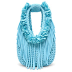 Hydrangea light blue hand-crocheted Flower Lei Mini bag with cascading floral ruffles and fringe, featuring a braided handle and sculptural mini silhouette.