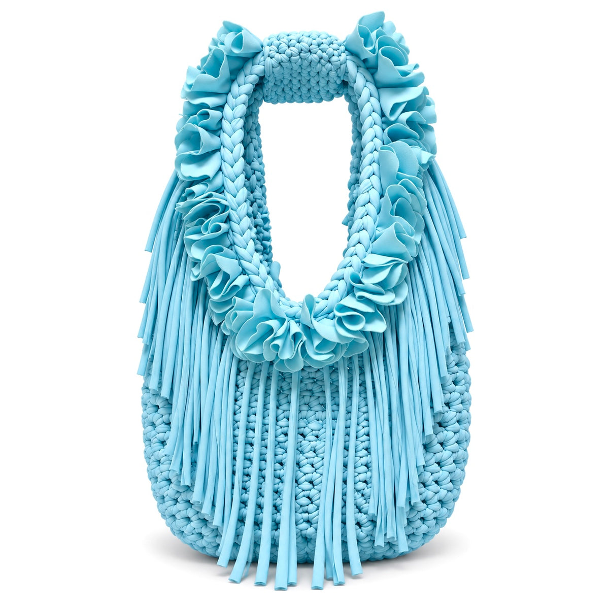 Hydrangea light blue hand-crocheted Flower Lei Mini bag with cascading floral ruffles and fringe, featuring a braided handle and sculptural mini silhouette.