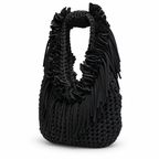Onyx black hand-crocheted Flower Lei Mini bag with cascading floral ruffles and fringe, featuring a braided handle and sculptural mini silhouette.