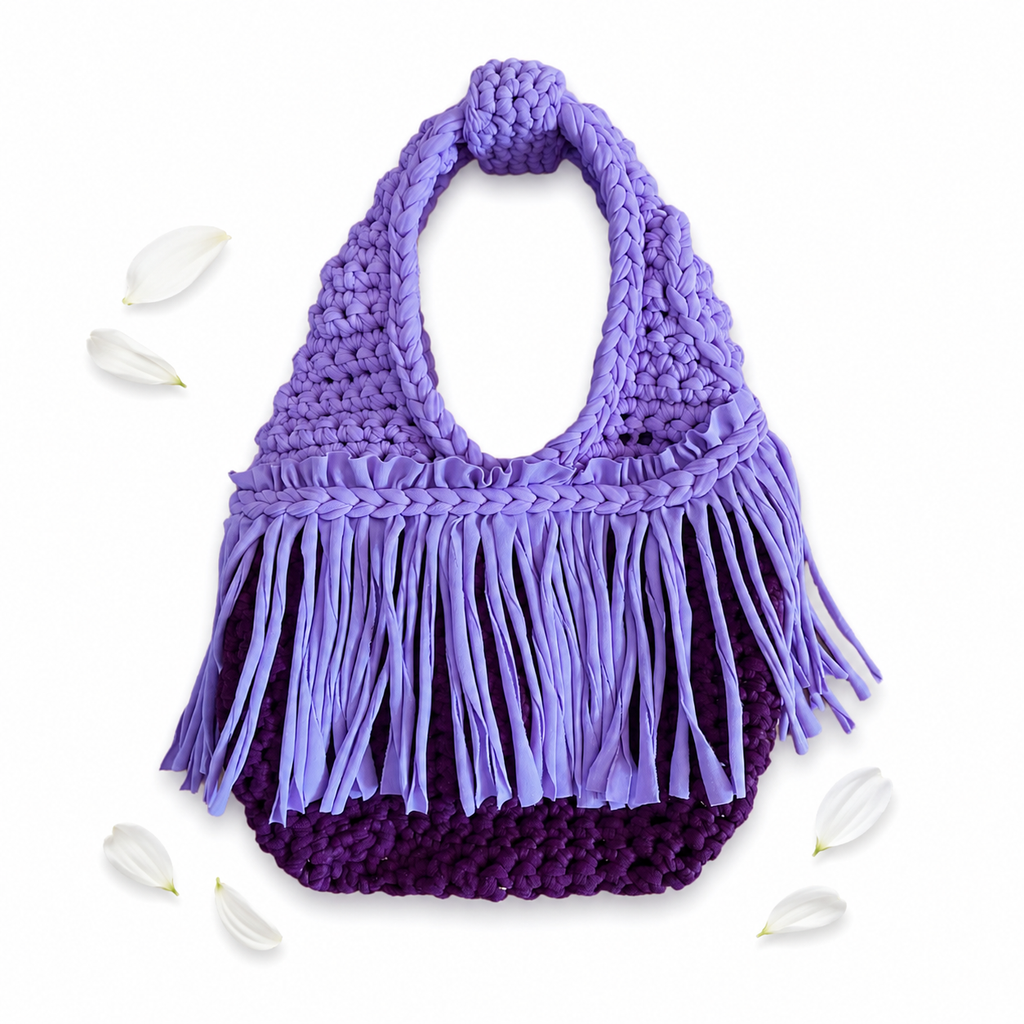 Handmade twilight orchid purple crochet fringe mini clutch bag