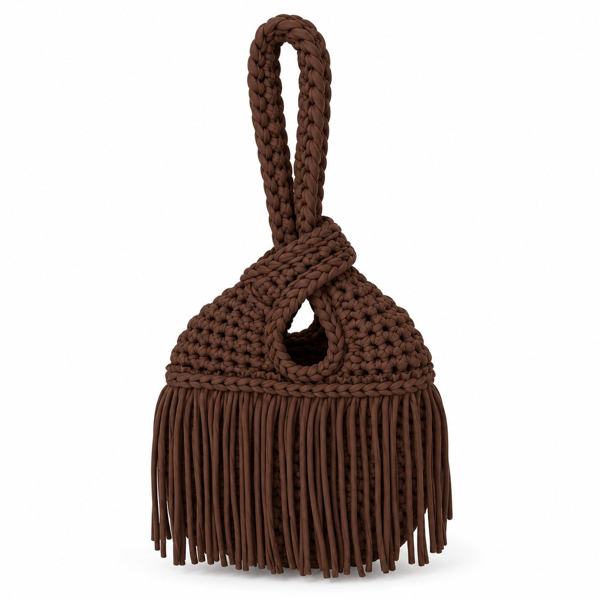 Handmade crochet mini swing bag in Coconut brown with flowing fringe and a loop-through wristlet handle.