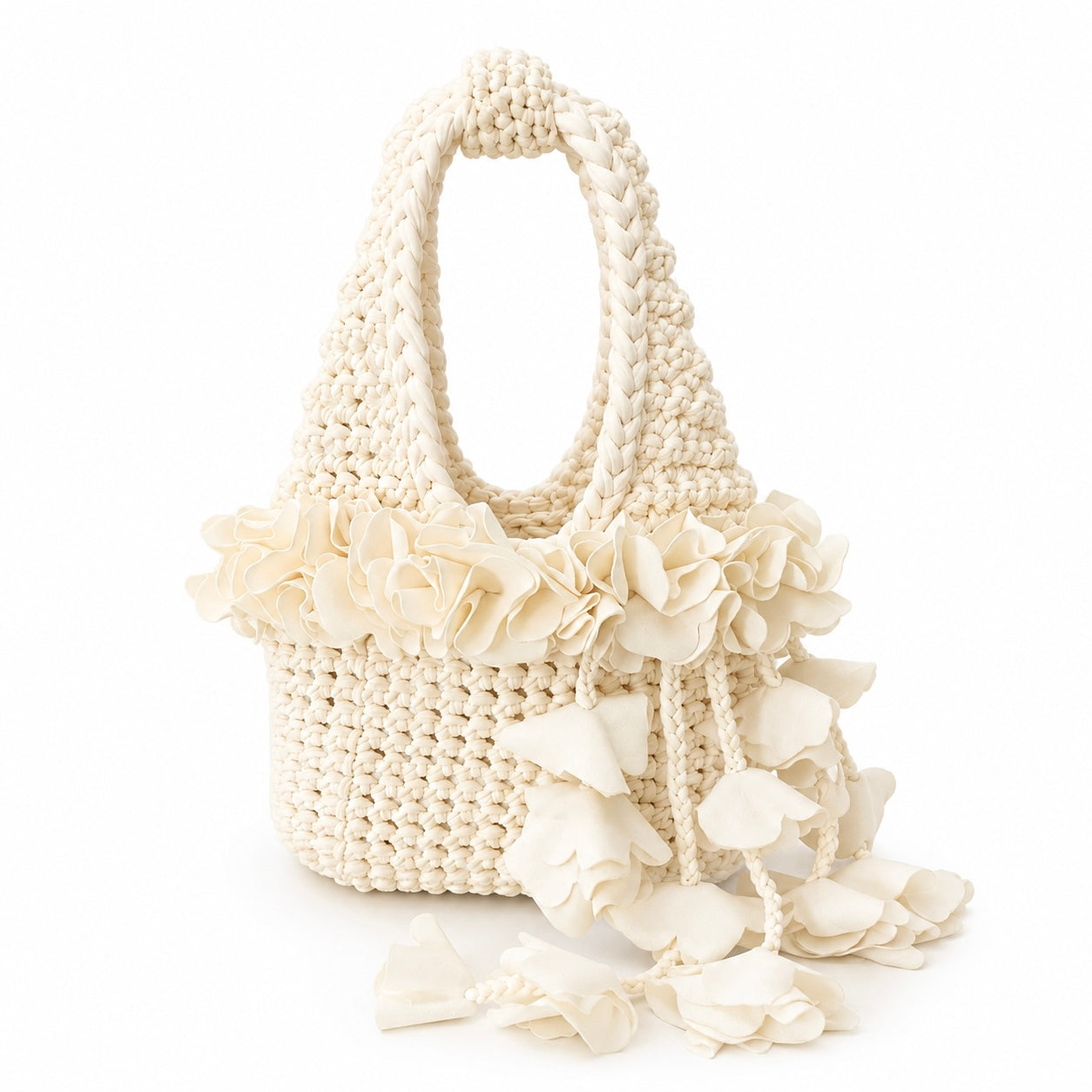 Handmade magnolia cream crochet floral mini bag with white cascading petal bells, for bridal, weddings and parties.